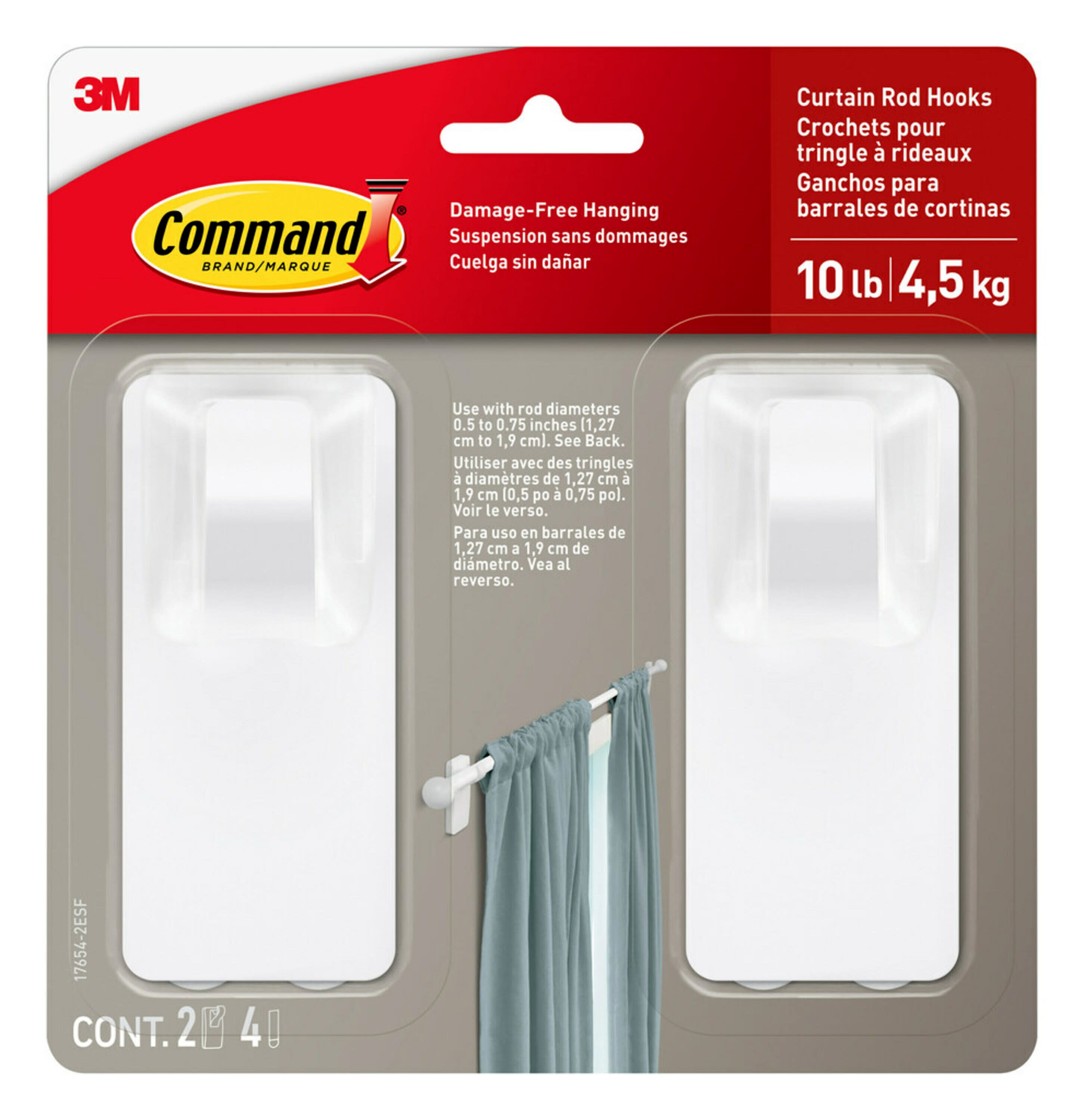 Command Matte Black Curtain Rod Hooks, 2 Hooks, 4 Adhesive Strips