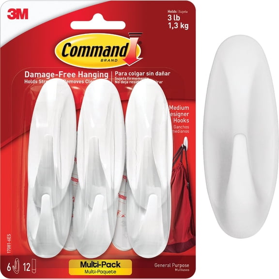 Command White Designer Hooks, 6 hooks, 12 strips, Decorate Damage-Free 17081-6ES