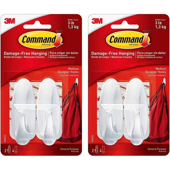 Command White Hooks, 2 Hooks, 4 Strips, Organize Damage-Free, Holds 3 lbs 17081ES, 2 Pack