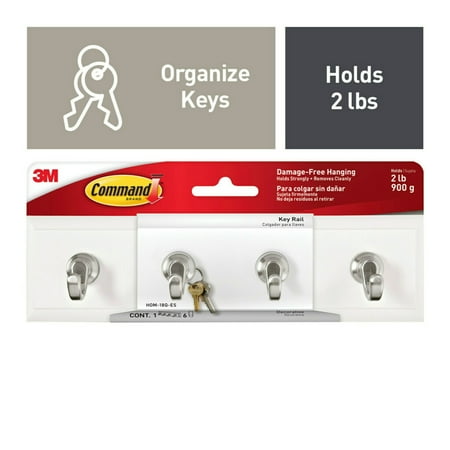Command Quartz Key Rail with 4 Hooks & 6 Strips per Pack - Damage-Free Wall Organizer