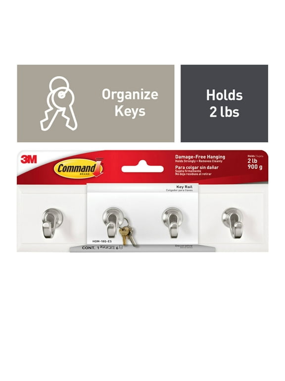 Quartz Key Rail with 4 Hooks & 6 Strips per Pack - Damage-Free Wall Organizer