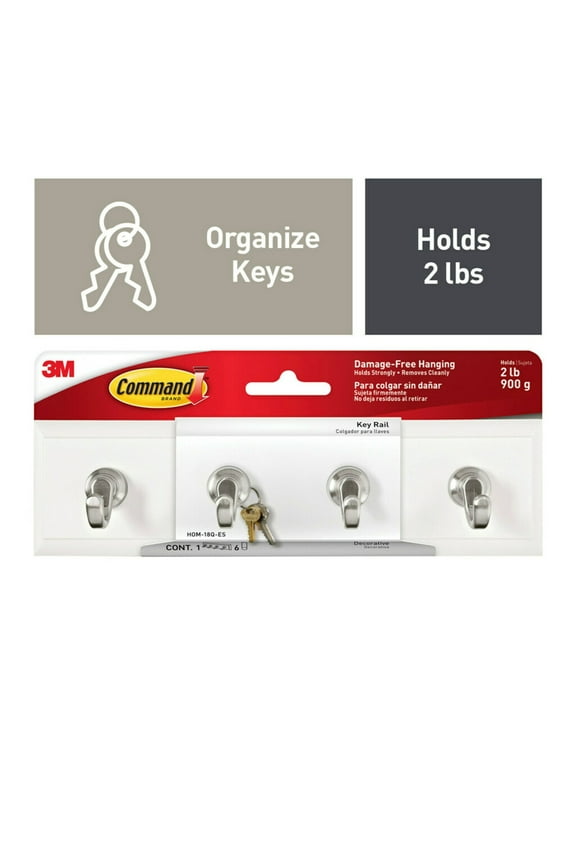 Quartz Key Rail with 4 Hooks & 6 Strips per Pack - Damage-Free Wall Organizer
