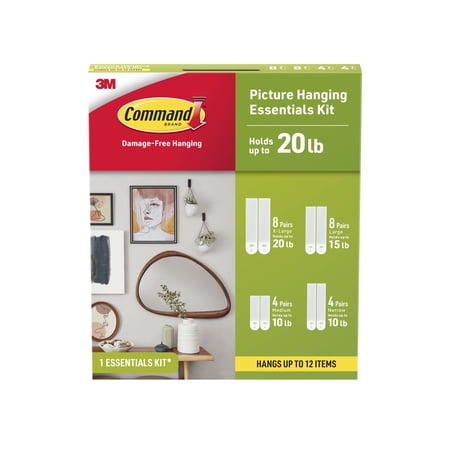 Command White Picture Hangers Kit, Holds up to 20 lb., 4 Sizes of Strips, Hangs up to 12 Items
