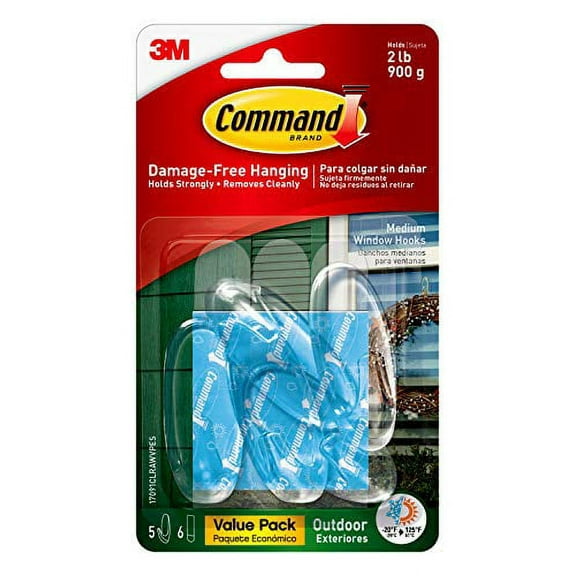 Command, Window Hooks, Clear, Water-Resistant Adhesive, 5 Hooks