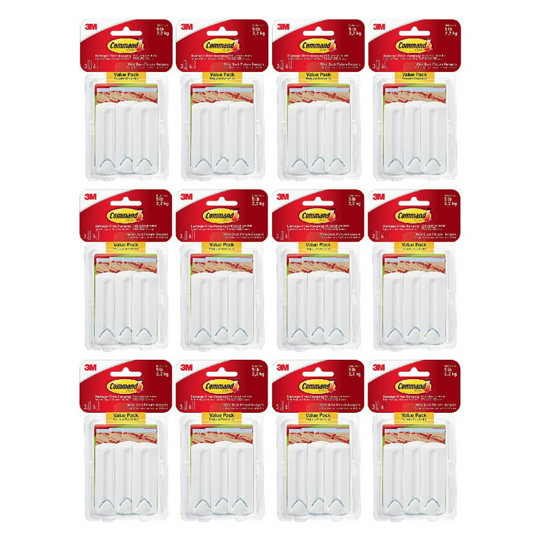 Command Wire Backed Picture Hanging Hooks Adhesive Large 3 Hangers 6 Strips White, 12 Pack