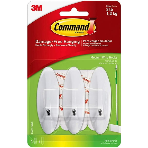 Command Wire Hooks, Indoor Use, Medium, 3-Hooks, 4-Strips (17068-HWES),White