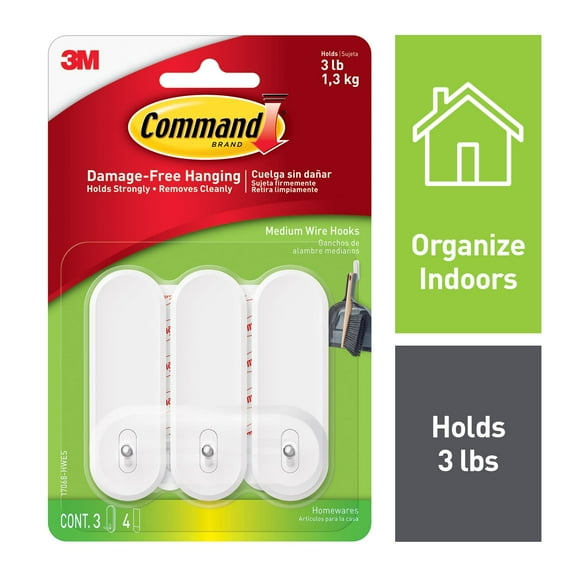 Command Wire Hooks, White, Medium, 3 Wall Hooks