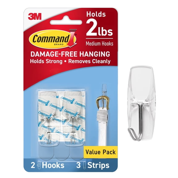 Command Wire Toggle Hooks, Clear, Medium, 2 Wall Hooks, Damage-Free Hanging