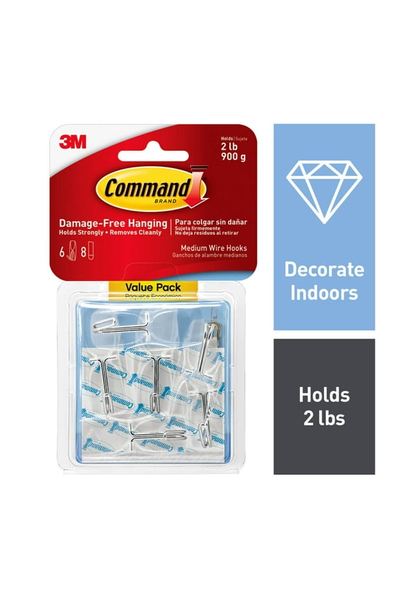 Wire Toggle Hooks, Clear, Medium, 6 Wall Hooks, Damage-Free Hanging