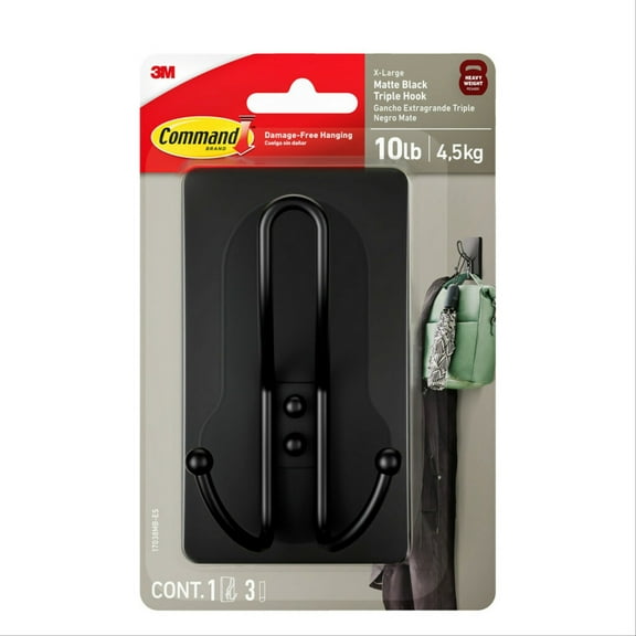 Command X-Large Triple Hook, Matte Black, Holds 10 lbs., 1 Hook, 3 Strips