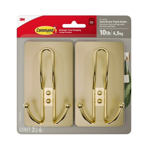 Command X-Large Triple Hook, Satin Brass, Holds 10 lbs., 2 Hooks, 6 Adhesive Strips