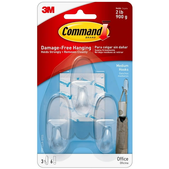 Command hooks, clear, medium, 3 hooks, 6 strips/pack, 2 pack