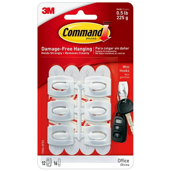 Command mini hooks, white, 12 hooks, 16 strips/pack, 2 pack