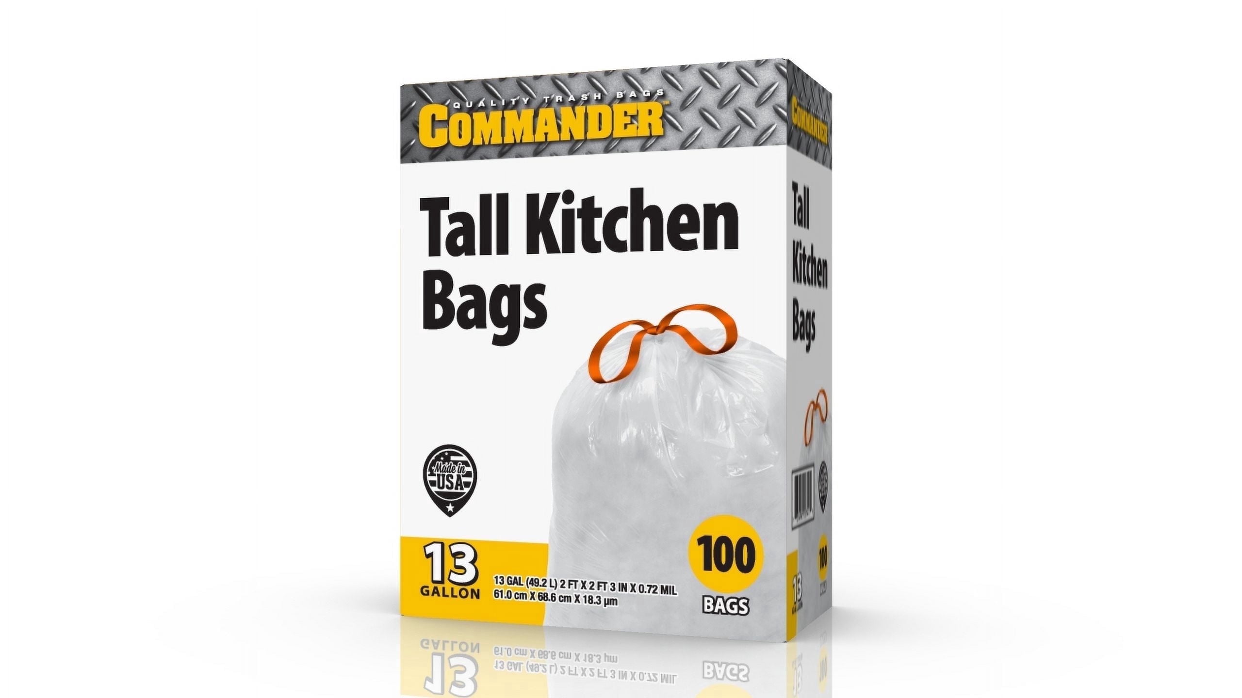 Commander 13 Gallon 0.72 MIL White Tall Kitchen Trash Bags - 24" x 27" - Pack of 100 - For Home, Kitchen, & Bathroom