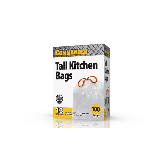 Commander 13 Gallon 0.72 MIL White Tall Kitchen Trash Bags - 24" x 27" - Pack of 100 - For Home, Kitchen, & Bathroom