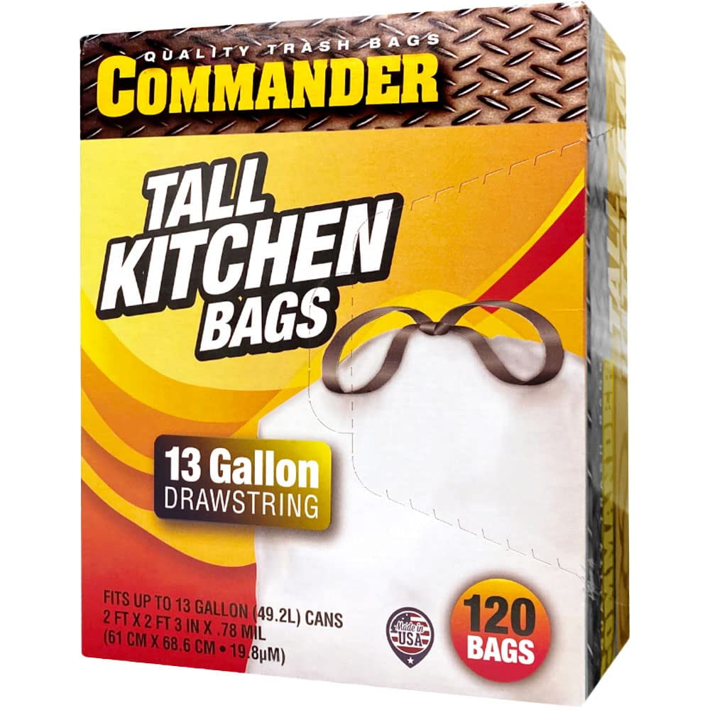 Commander 13 Gallon 0.78 MIL White Plastic Trash Bags Unscented 24" x 27" Pack of 120, For