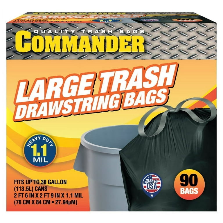 Commander 20-30 Gallon 1.1 MIL Black Tall Kitchen Drawstring Garbage Bags -  30 x 33 - Pack of 90 - For Home, Kitchen, Office, Bathroom, & Commercial  