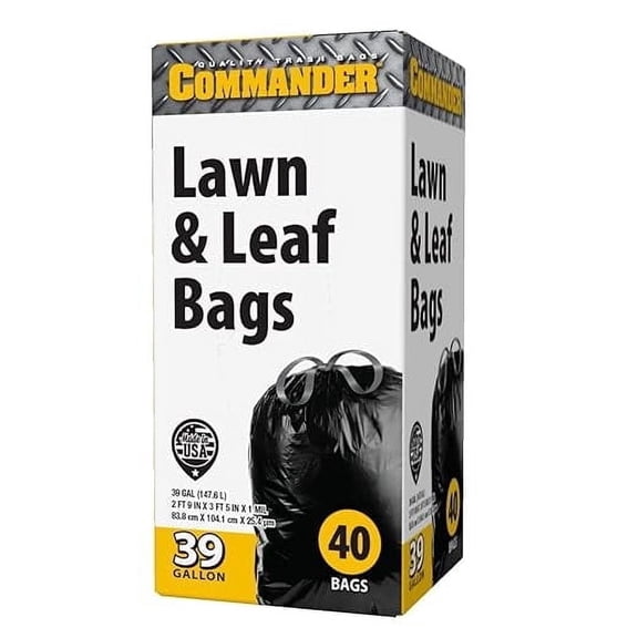 Commander 39 gallon 1.0 mil black drawstring lawn and leaf trash bags, 33" x 41", pack of 40, for home, kitchen, lawn, outdoor, construction, contractor