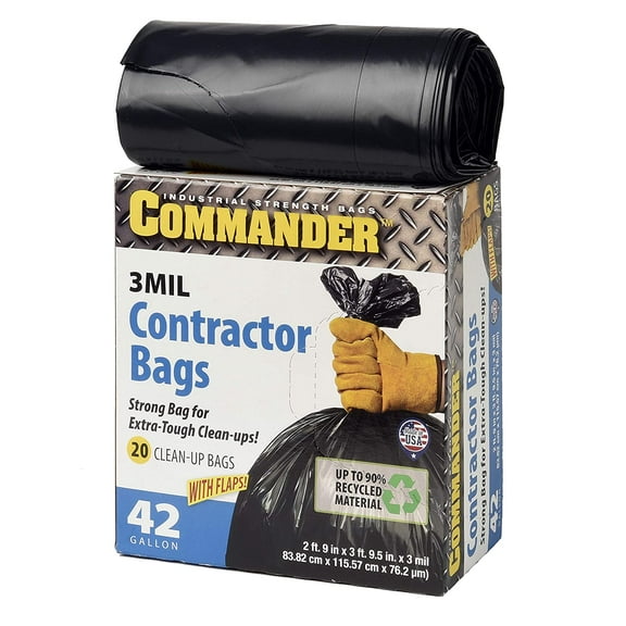 Commander 42 Gallon 3 MIL Black Heavy Duty Contractor Bags - 33" x 45" - Pack of 20 - For Contractor, Industrial, & Commercial