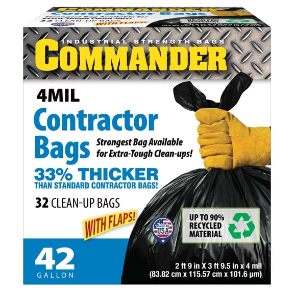 Commander 42 Gallon 4 MIL Black Heavy Duty Trash Bags - 33" x 45" - Pack of 32 - For Home, Kitchen, Lawn, Outdoor, Construction, & Contractor
