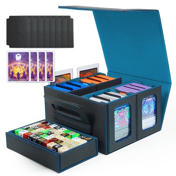 Commander Deck Box For Mtg Holds 400+ Double-sleeved Cards 4 Removable Cases With Display Window Dice Tray/handle Trading Card Storage Organizer/dividers Tcg (black Cyan)