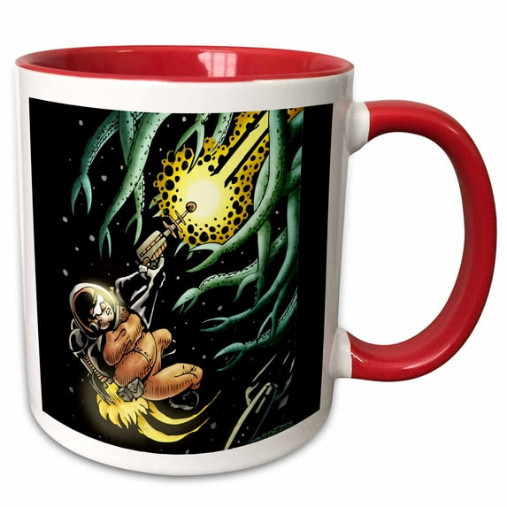 3drose, Commander Hue - Sci-fi Hero Battles Tentacle Alien in Space, 11oz Two-tone Red Mug