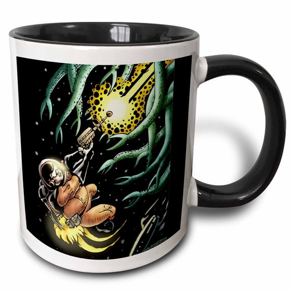 3drose, Commander Hue - Sci-fi Hero Battles Tentacle Alien in Space, 15oz Two-tone Black Mug