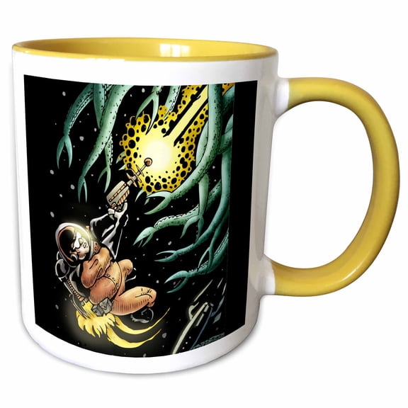 3drose, Commander Hue - Sci-fi Hero Battles Tentacle Alien in Space, 15oz Two-tone Yellow Mug