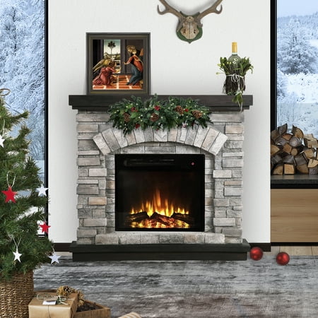 Commas 3D Electric Fireplace with Mantle, 36" Stone and Brick Heater, Gray