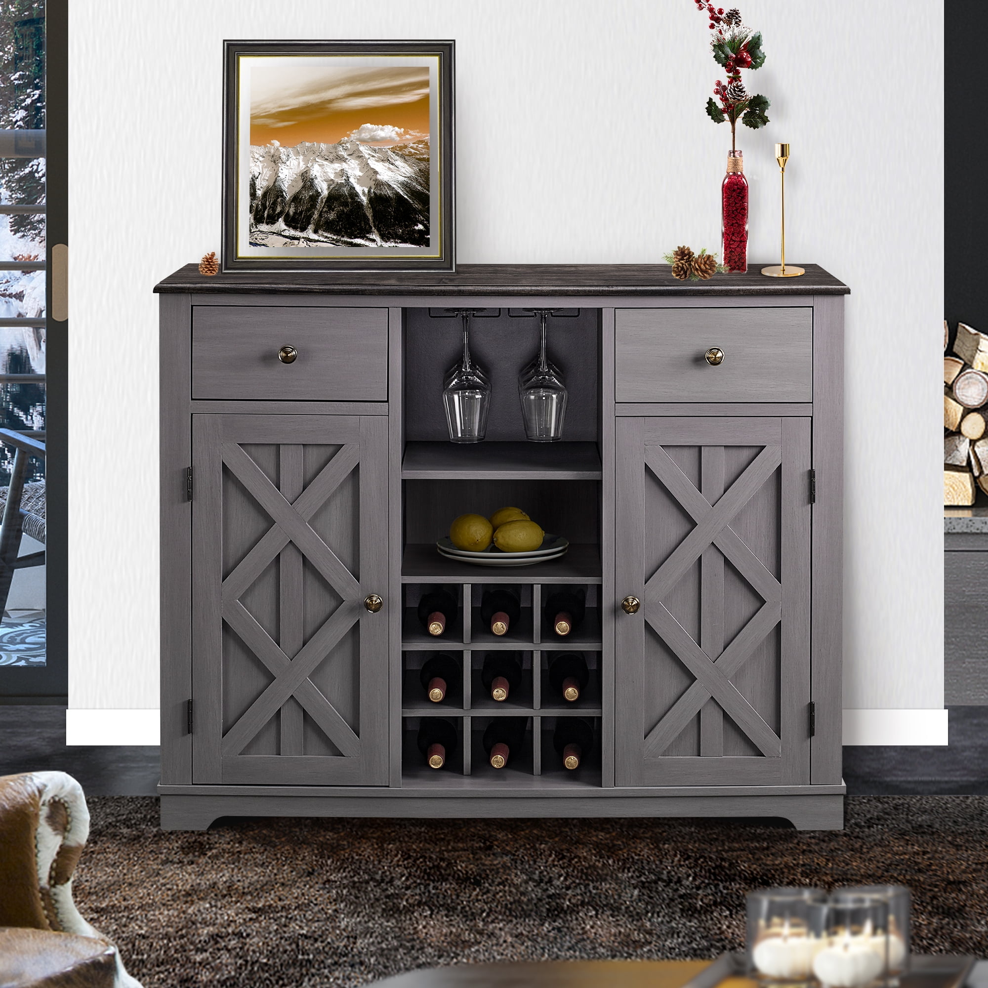 Commas Bar Cabinet for Liquor and Glasses, Modern Wood Accent Sideboard ...