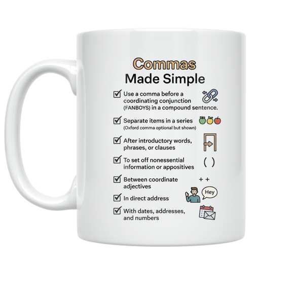 Commas Made Simple Checklist Design - Writing Enthusiast - 11 oz Ceramic Coffee Mug