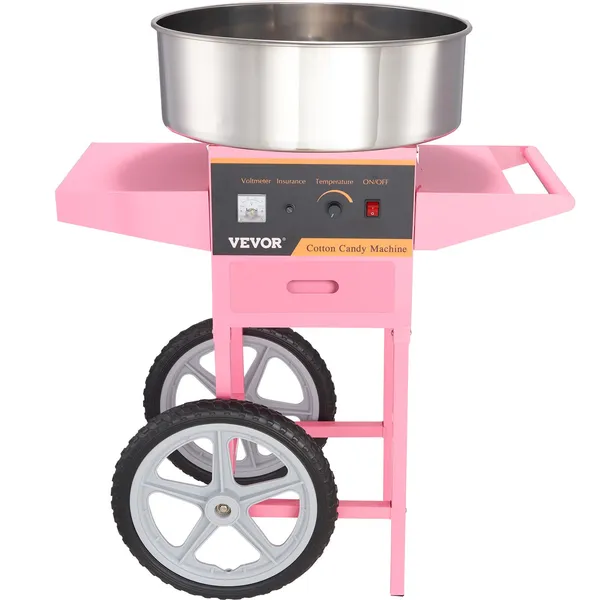 Commercial 1000W Electric Cotton Candy Machine with Cart Stainless Steel Bowl Sugar Scoop Drawer for Home Kids Birthday Family Party Pink