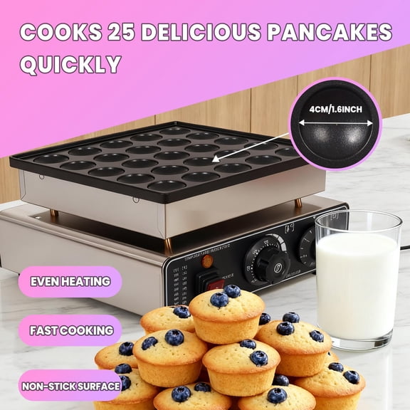 Commercial 110V Non-stick Mini Pancake Maker, Dutch Poffertjes Grill with Temp & Time Control, Stainless Steel 25PCS Electric Commercial Dutch Pancake Baker for Desserts.