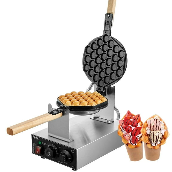 Commercial 1400W Bubble Waffle Maker Non Stick Stainless Steel Egg Pancake Baker Machine 180 Degree Rotatable with Wooden Handle Temperature Time Control for Restaurant Bakery Snack Bar
