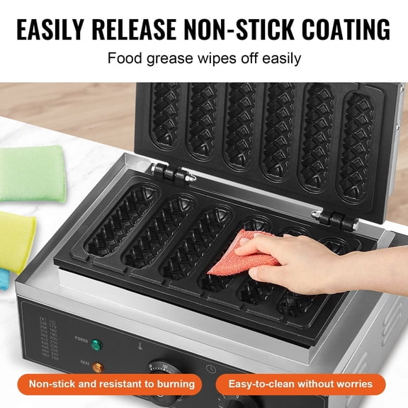 Commercial 1500W Waffle Stick Maker, 6-Piece Hot Dog Waffle Iron with Adjustable Temperature & Timer Control, Non-Stick Stainless Steel Pan, Ideal for Restaurant Bakery Snack Bar Home Use