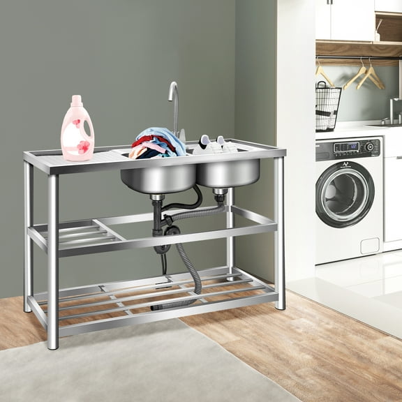 Commercial 2-Bowl Stainless Steel Kitchen Sink with Double Shelves, 304 Durable Anti-Rust Steel, Hot & Cold Faucet, Large Drainer for Restaurants & Bars