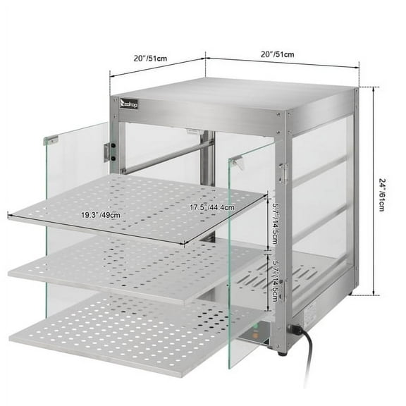 Commercial 3-Tier Food Warmer Cabinet - 800W Stainless Steel Display Case with Tempered Glass, Adjustable Thermostat (86-185F) & Interior Light - For Pizza, Burgers, Bakery Items