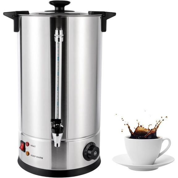 Commercial 304 Stainless Steel Coffee Urn, 15L Large Capacity Coffee Maker with Plastic Filter Coffee Dispenser Double-Layer Barrel Wall Keep Heat Beverage Dispenser, (15L, 1.4KW)
