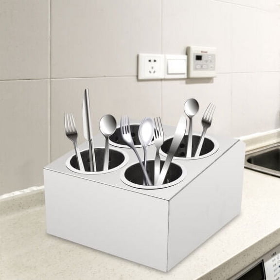 Commercial 4-Hole Cylinder Kitchen Utensil Holder Knife Fork Box Stainless Steel