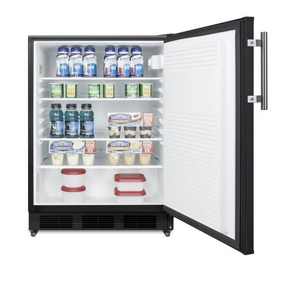 Commercial 5.5 cu.ft. all-refrigerator on 1" high casters with stainless steel work surface and front lock in black finish