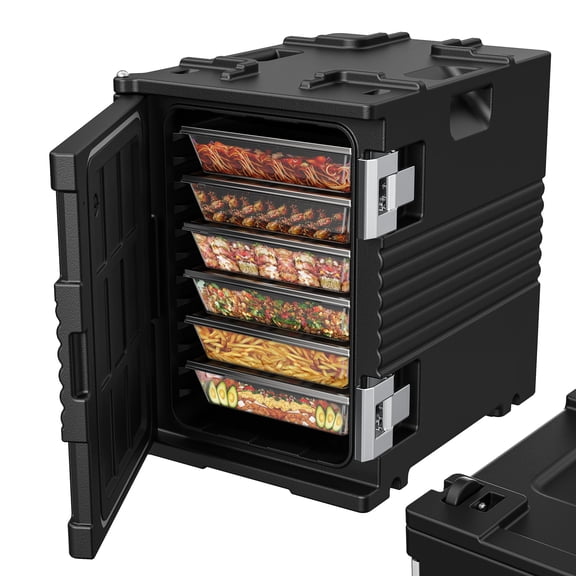 Commercial 95Qt Warmer with Wheels, Heavy Duty 304 Stainless Steel Door Shaft, Insulated Catering Carrier for 6 Pans, Hot Box for Outdoor Events Catering, Black