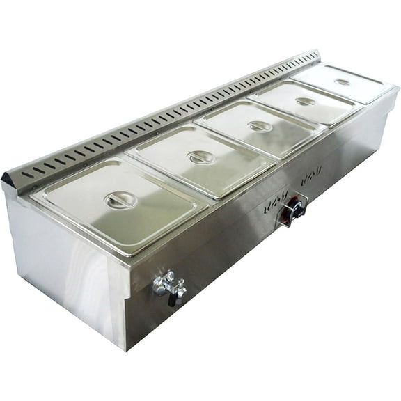 Commercial Bain Marie Steam Stove Table Food Warmer Stainless Steel LP Gas 5-Deep Pan with Regulator Valve