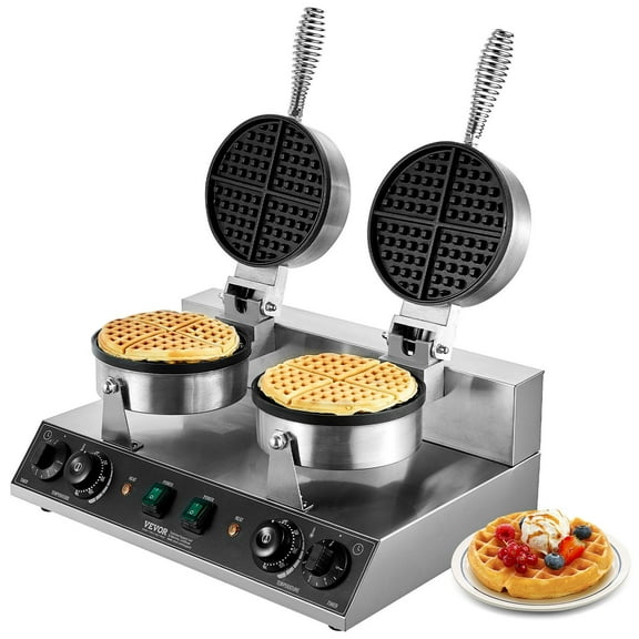 Commercial Belgian Waffle Iron,2460W Heavy-Duty Restaurant Waffle Maker with Timer&Adjustable Temperature,Non-Stick Round Grids for Cafe,Bakery,Breakfast Business