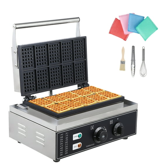 Commercial Belgian Waffle Maker – 10-Compartment Square Non-Stick Waffle Iron, Adjustable Temperature & Timer (0-5min, 170-250℃), Rotating Stainless Steel, Anti-Scald Handle
