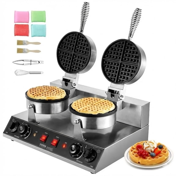 Commercial Belgian Waffle Maker, Dual Round Non-Stick Plates - 2460W Stainless Steel with Timer & Temp Control for Restaurant, Cafe, Breakfast Buffet