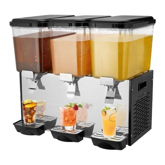 Commercial Beverage Dispenser 3 Tanks 18L Juice Machine - Stainless Steel Drink Dispenser with Cooling, 45-54F, Rotating Stirrer, for Restaurants, Hotels, Parties