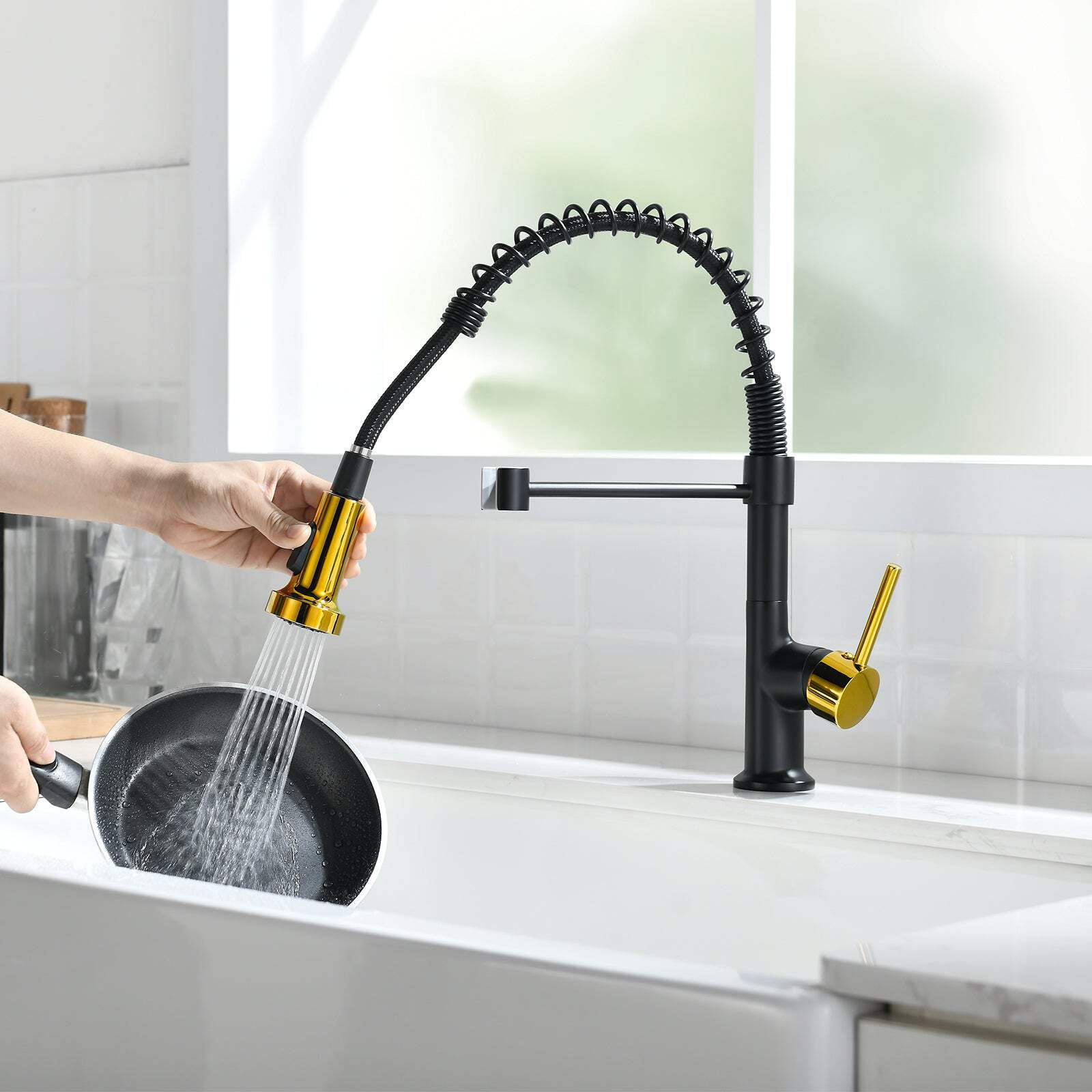 Commercial Black And Gold Kitchen Faucet With Pull Down Sprayer, Single ...