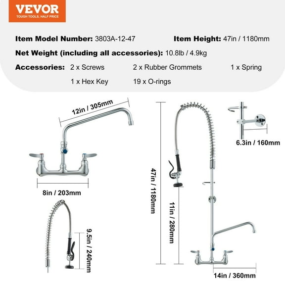 Commercial Brass Faucet with Sprayer, 47" Height, Wall Mount for Multi-Compartment Sinks (8" Center, 12" Spout)