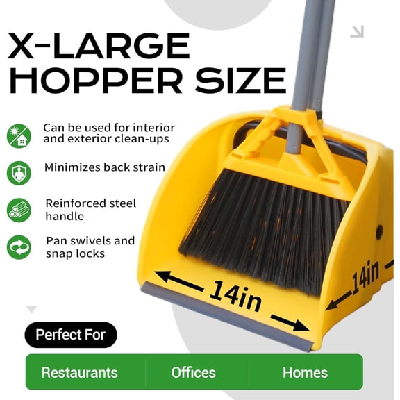 Commercial Broom and Dustpan Set Debris Dustpan with Handle,Jumbo Debris Pan, Trash Collection for Industrial/Professional Cleaning,2Sets, Yellow,Extra-Large Size