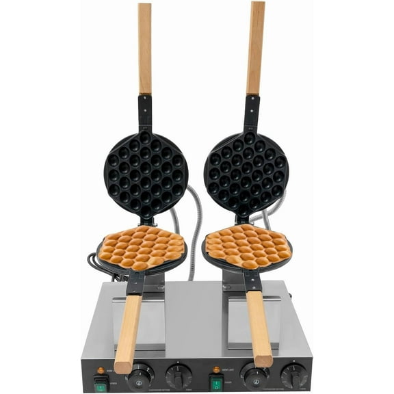 Commercial Bubble Waffle Maker, 2830W Double-head Egg Bubble Puff Maker with Wooden Handles, Stainless Steel Baker with Non-Stick Coating, Electric Non stick Hong Kong Egg Waffler Griddle